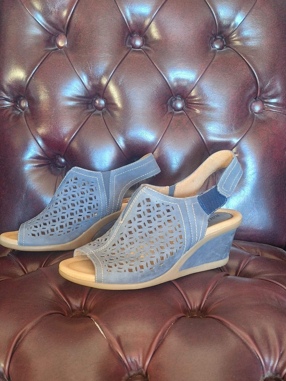 Earth Blue Laser-Cut Suede Wedge Sandals